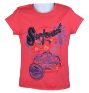 Lässiges Surfer T-Shirt für Mädchen in einem sommerlichen Koralle-Farbton und einem schönen Motiv-Druck auf der Front - vom Colour-Spezialisten Blue Effect