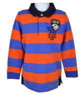 Cooles Rugby-Shirt für Jungen in blau-organgefarbenen Blockstreifen mit langen Ärmeln und großen Logo-Badge vorn. Edle Kinderkleidung für Jungen aus Holland von NZA