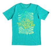 Türkisfarbenes Basic-Shirt mit kurzem Arm für Jungen von Quiksilver mit großem, gelben Beach-Surfer-Motiv vorn.