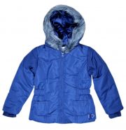 Navy-blaue Winterjacke für Mädchen mit leicht abgesteppten Nähten, Stretch-Bündchen an den Ärmeln, großer Fell-Kapuze und weißen Glitzer-Verzierungen von Week-end a la mer